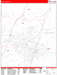 Rocky Mount Wall Map Zip Code Red Line Style 2025